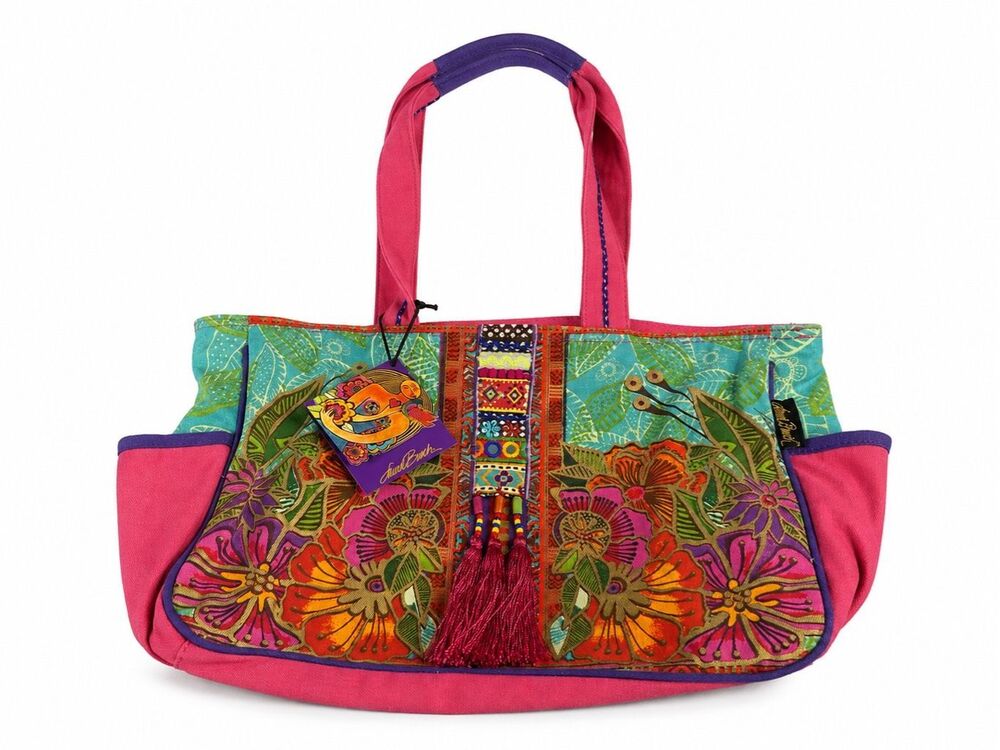 NWT Laurel Burch Colorful Flora Floral Medium Pocket Tote New